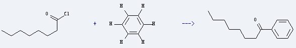 Octanoyl chloride is used to produce 1-phenyl-octan-1-one by reaction with benzene.